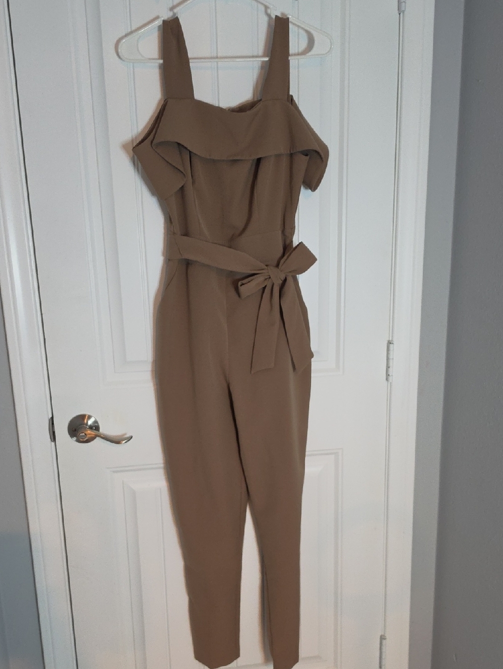 New York & Company Taupe Ruffle-Front Sleeveless Belted Jumpsuit